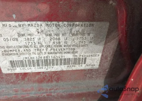 2008 Mazda Mazda3 I Touring Value from USA, damaged, VIN JM1BK32F881163491